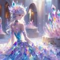 ((1girl)), (crystal dress),(colorful crystal),(colorful gradient hair:1.2), crystal headdress, cryst