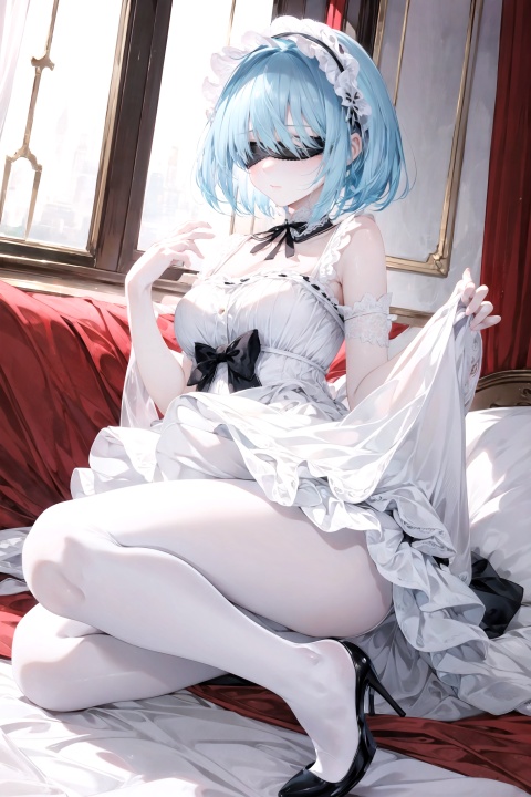  1delicate obedient girl,short lolita dress,white dress,blindfold,short hair,white pantyhose,high heels;looking at viewer,sexually suggestive,gentle,charming,(perfect female body),exquisite graceful figure.