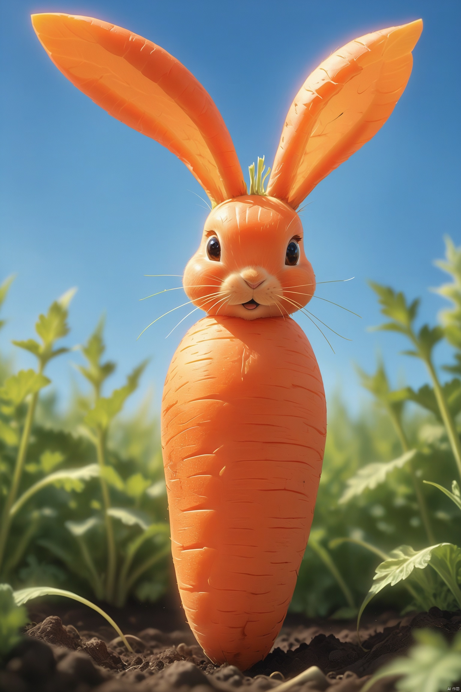 A carrot grows out of the soil with a distinctive shape; its top splits into two prongs, resembling the long ears of a rabbit. The carrot's body takes on a charmingly curved form, akin to the roundness of a rabbit's physique. The entire surface of the carrot is smooth, with the orange-red skin appearing particularly vibrant under the sunlight, and the textures reveal the natural vitality. This carrot, shaped like a rabbit, becomes a unique spectacle in the garden with its quaint appearance.