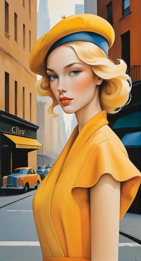  This photo shows a bust of a young woman with beautiful looks. She has long blonde curls that drapes over her shoulders and a bright yellow beret against a bustling city street. Her skin tone is impeccable, her eyeshadow is a natural earth color, and her lips are painted a soft orange. She stood there naturally, with a lively vivacity.