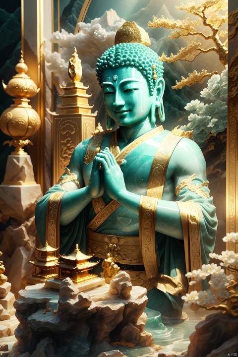 ((Best Quality)),((Masterpiece)),(Details),Buddha,hands together,smile,man,male,mythological story,Chinese style,jade carving,(amethyst:0.5),gold and jade carving,lifelike details,very good light transmittance,Jade,three-dimensional,3D,blender,C4D,,