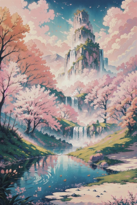 (Landscape painting full of illusory artistic conception), (high waterfall falling from the sky), the waterfall occupies 80% of the entire length of the picture, above the waterfall is the blue sky, rolling white clouds, below the waterfall is the pond, (the water of the pond is floating on the Many scattered (pink peach: 1.3) flowers), (there is a (peach forest: 1.3), (pink: 1.2) flower by the pond), (the setting sun shines slantly through the clouds), vividcolor (light particles Effect), (masterpiece), (extremely exquisite picture description), (8k wallpaper), (master painting), (ink painting style), (obvious light and shadow effect), (ray tracing), (obvious levels), (depth of field) ),(best quality),RAY