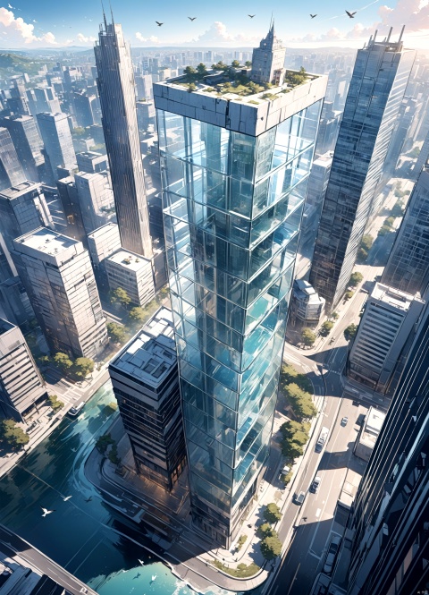  Bird's-eye view, high-definition, water surface, urban, commercial, tower, glass curtain wall, modern architecture