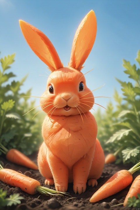 A carrot grows out of the soil with a distinctive shape; its top splits into two prongs, resembling the long ears of a rabbit. The carrot's body takes on a charmingly curved form, akin to the roundness of a rabbit's physique. The entire surface of the carrot is smooth, with the orange-red skin appearing particularly vibrant under the sunlight, and the textures reveal the natural vitality. This carrot, shaped like a rabbit, becomes a unique spectacle in the garden with its quaint appearance.