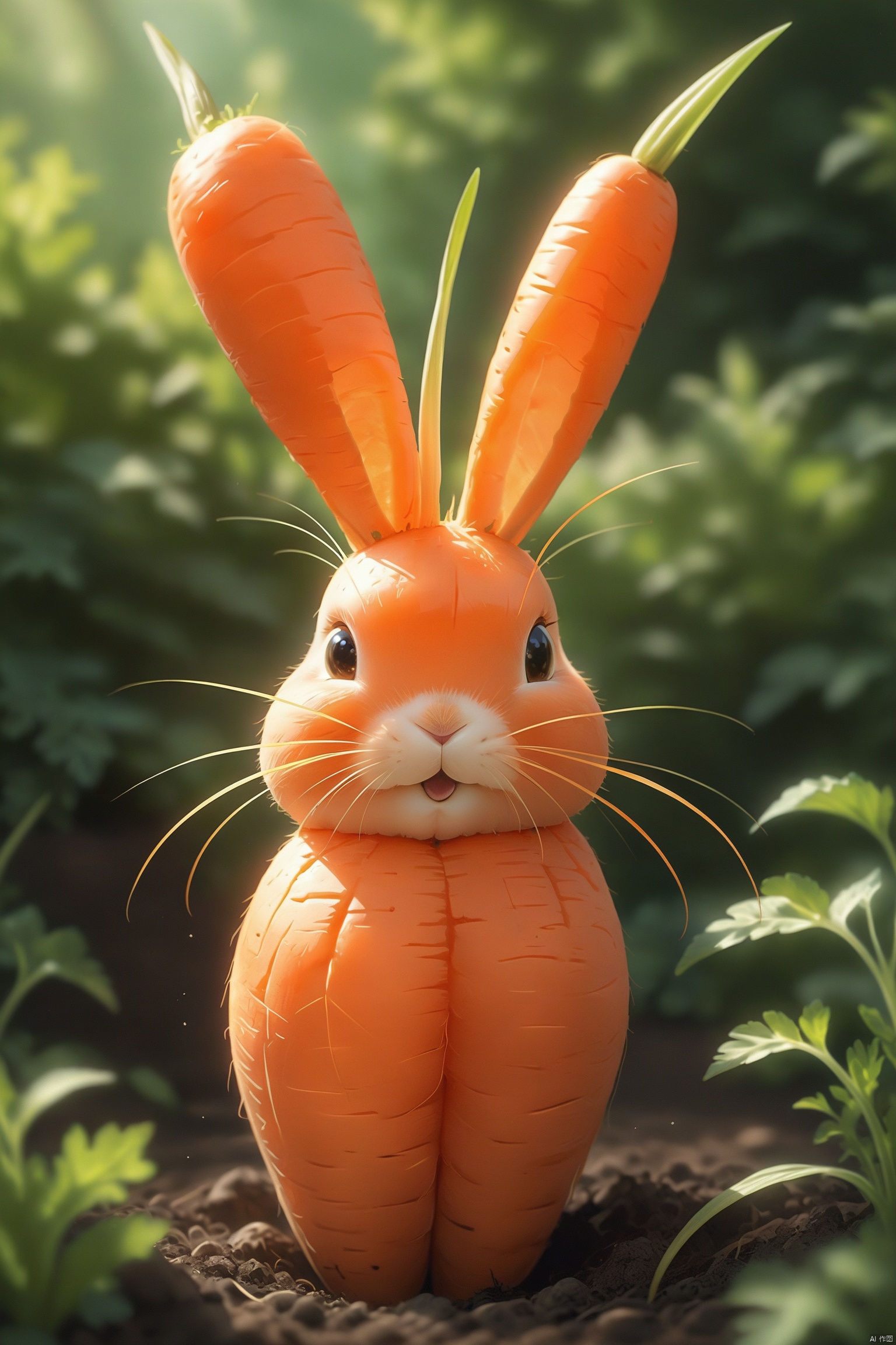 A carrot grows out of the soil with a distinctive shape; its top splits into two prongs, resembling the long ears of a rabbit. The carrot's body takes on a charmingly curved form, akin to the roundness of a rabbit's physique. The entire surface of the carrot is smooth, with the orange-red skin appearing particularly vibrant under the sunlight, and the textures reveal the natural vitality. This carrot, shaped like a rabbit, becomes a unique spectacle in the garden with its quaint appearance.