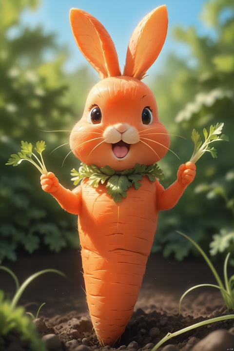 A carrot grows out of the soil with a distinctive shape; its top splits into two prongs, resembling the long ears of a rabbit. The carrot's body takes on a charmingly curved form, akin to the roundness of a rabbit's physique. The entire surface of the carrot is smooth, with the orange-red skin appearing particularly vibrant under the sunlight, and the textures reveal the natural vitality. This carrot, shaped like a rabbit, becomes a unique spectacle in the garden with its quaint appearance.