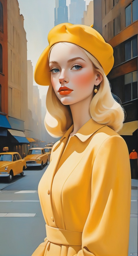  This photo shows a bust of a young woman with beautiful looks. She has long blonde curls that drapes over her shoulders and a bright yellow beret against a bustling city street. Her skin tone is impeccable, her eyeshadow is a natural earth color, and her lips are painted a soft orange. She stood there naturally, with a lively vivacity.