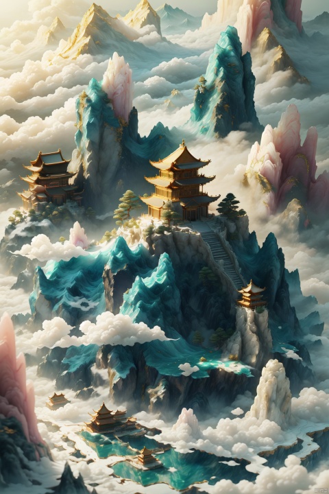 ((Best Quality)),((Masterpiece)),(Details),Miniature landscape,Chinese style,jade carving,(amethyst:0.4),mountains,ancient buildings in the clouds,realistic details,very good light transmittance,miniature sculpture,jade,three-dimensional,3D,blender,C4D,,