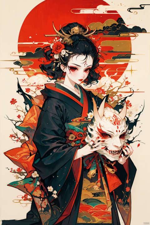 1girl, solo, looking at viewer, black hair, hair ornament, red eyes, long sleeves, jewelry, flower, japanese clothes, hair flower, kimono, tattoo, makeup, mask, ring, eyeshadow, red lips, hair stick, black kimono, kanzashi, oni mask,cmwl