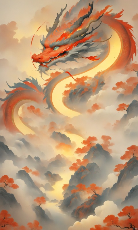 loong, open mouth, sky, cloud, fire, dragon, no human, dragon, guohua