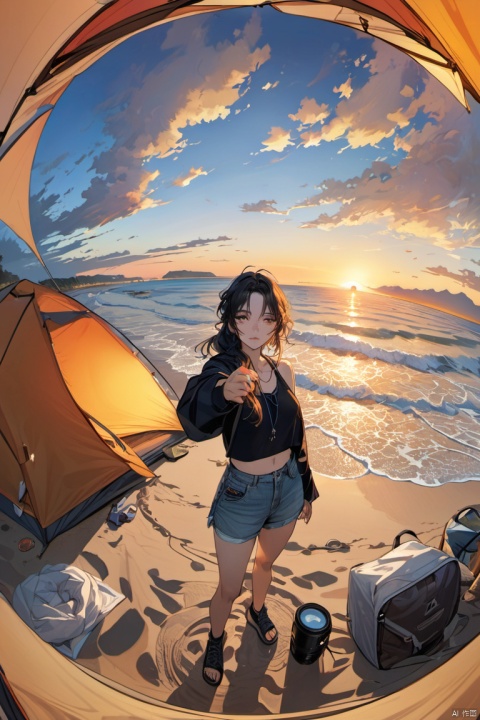  a woman takes a fisheye selfie on a beach at sunset, the wind blowing through her messy hair. The sea stretches out behind her, creating a stunning aesthetic and atmosphere, tents, camp, (masterpiece, best quality, perfect composition, very aesthetic, absurdres, ultra-detailed, intricate details, Professional, official art, Representative work:1.3)