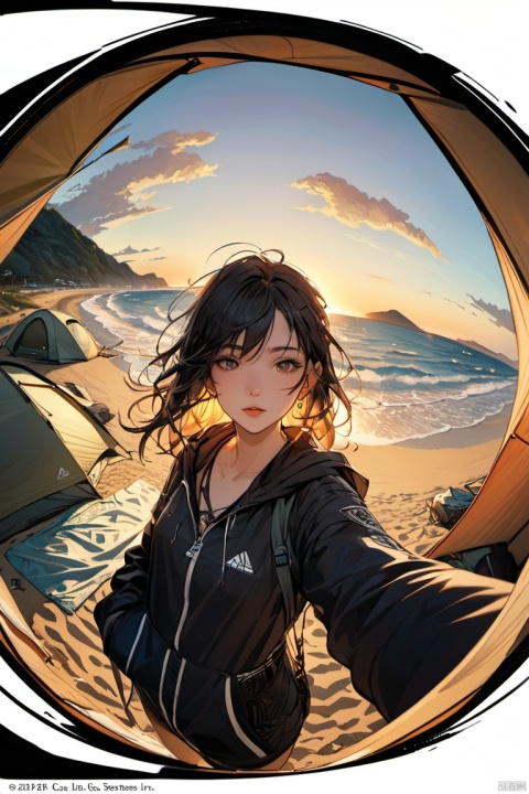  a woman takes a fisheye selfie on a beach at sunset, the wind blowing through her messy hair. The sea stretches out behind her, creating a stunning aesthetic and atmosphere, tents, camp, (masterpiece, best quality, perfect composition, very aesthetic, absurdres, ultra-detailed, intricate details, Professional, official art, Representative work:1.3)