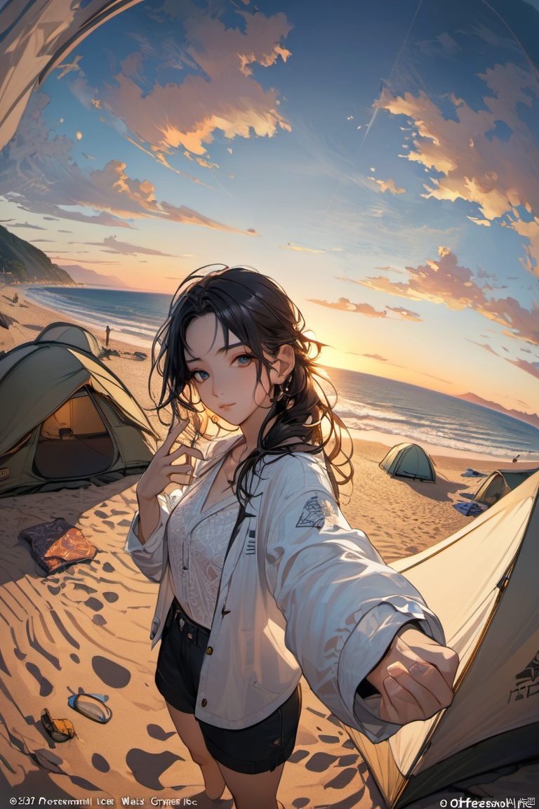  a woman takes a fisheye selfie on a beach at sunset, the wind blowing through her messy hair. The sea stretches out behind her, creating a stunning aesthetic and atmosphere, tents, camp, (masterpiece, best quality, perfect composition, very aesthetic, absurdres, ultra-detailed, intricate details, Professional, official art, Representative work:1.3)