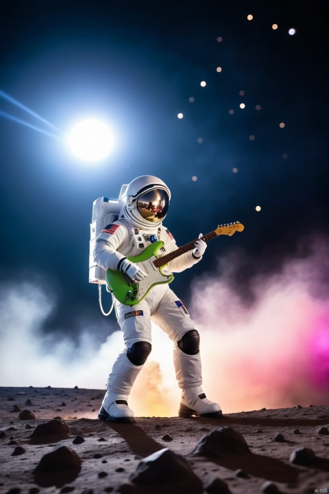 rock star, iconic musician, performing live, on the moon's surface, amidst craters and dust, shining spotlight, blindingly bright, cosmic backdrop, stars twinkling, lunar module stage, microphone stand, electric guitar, flashy costume, bold makeup, energetic movements, gravity-defying jumps, spinning stage props, smoke machines creating fog, intense atmosphere, crowd of adoring aliens cheering, waving tentacles, holding glow sticks, moon rocks and flags, space-themed merchandise being sold, VIP section with astronauts and lunar explorers, security robots patrolling the perimeter, bright lights, strobes flashing, confetti falling from above, moon's gravity pulling the performer slightly towards the surface