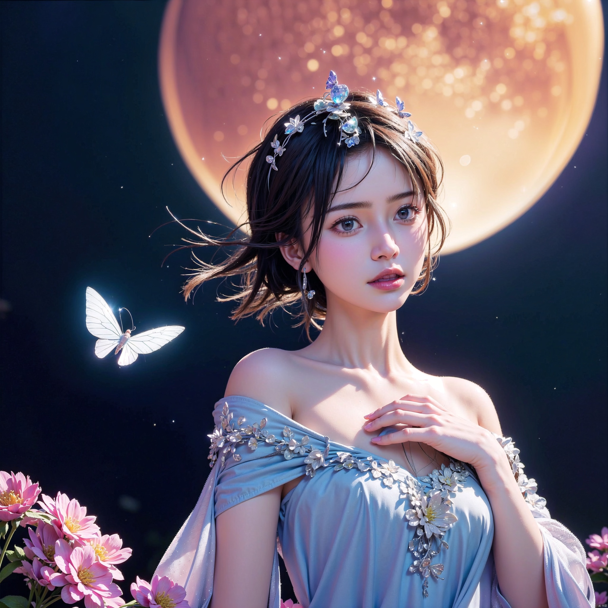  1 girl,purple hair,(brown eyes),(extremely exquisite and beautiful),meteor,meteor shower,(super large moon),(blue moon),(background glowing magic castle:1.5),comet,flower sea,many flowers,flower sea facing the audience,front,solo,butterfly,flying butterfly,There are many butterflies,butterfly hair flower,perspective,half skirt,dreamy light,(8k, RAW photo, best quality, masterpiece:1.2),(realistic, photo fidelity:1.3),Ultra fine,ultra fine cg 8k wallpaper,(crystal textured skin:1.2),background crystal palace,((glowing magic creatures)),fantasy moonlight,the bright moon,night with fireflies,a beautiful woman in a shoulder-drop dress,bunches,
