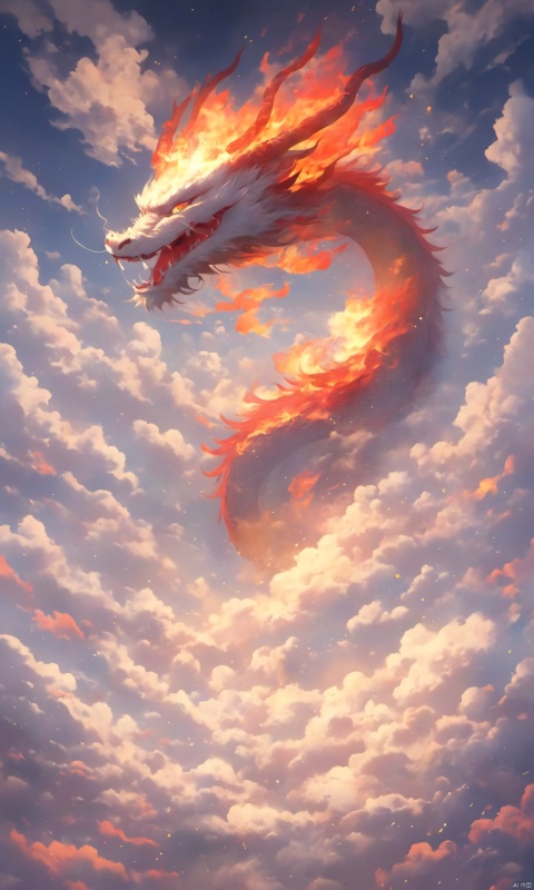 loong, open mouth, sky, cloud, fire