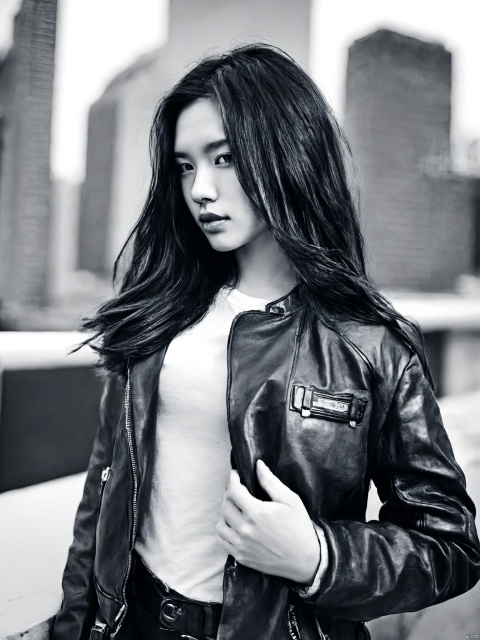  greyscale, chinese,1girl, solo, long_hair, looking_at_viewer, jacket, monochrome, greyscale, lips, hair_over_shoulder, realistic, leather, leather_jacket, full body, city background