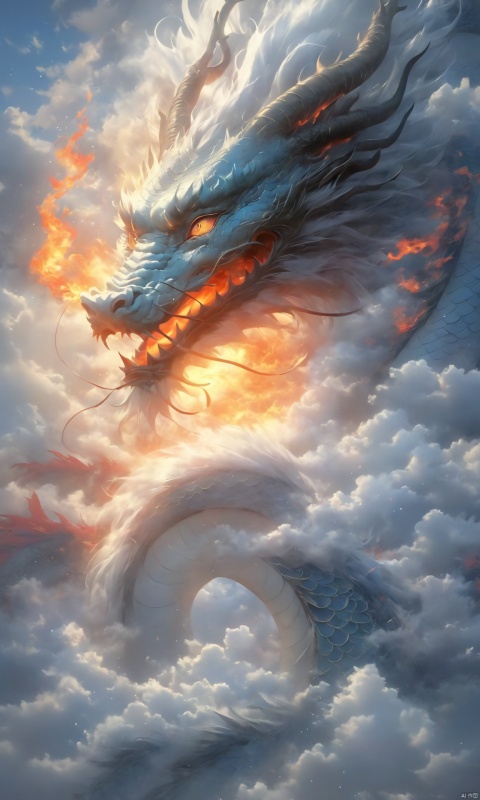 loong, open mouth, sky, cloud, fire, dragon, no human, dragon