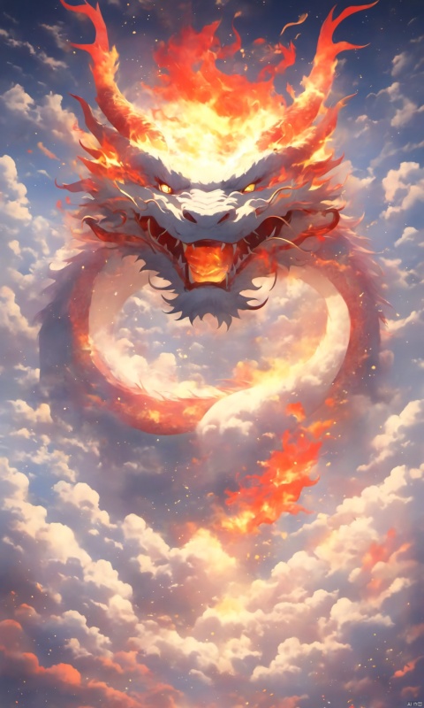 loong, open mouth, sky, cloud, fire