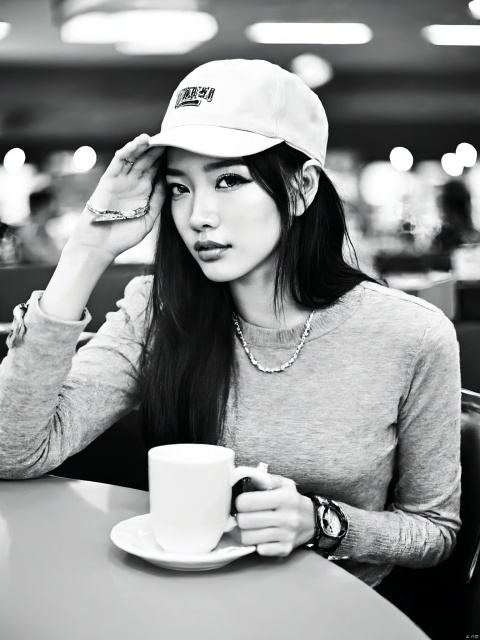  greyscale, chinese, 1girl, solo, looking_at_viewer, long_sleeves, hat, holding, jewelry, monochrome, upper_body, greyscale, blurry, cup, lips, blurry_background, cigarette, mug, realistic, cabbie_hat, coffee_mug