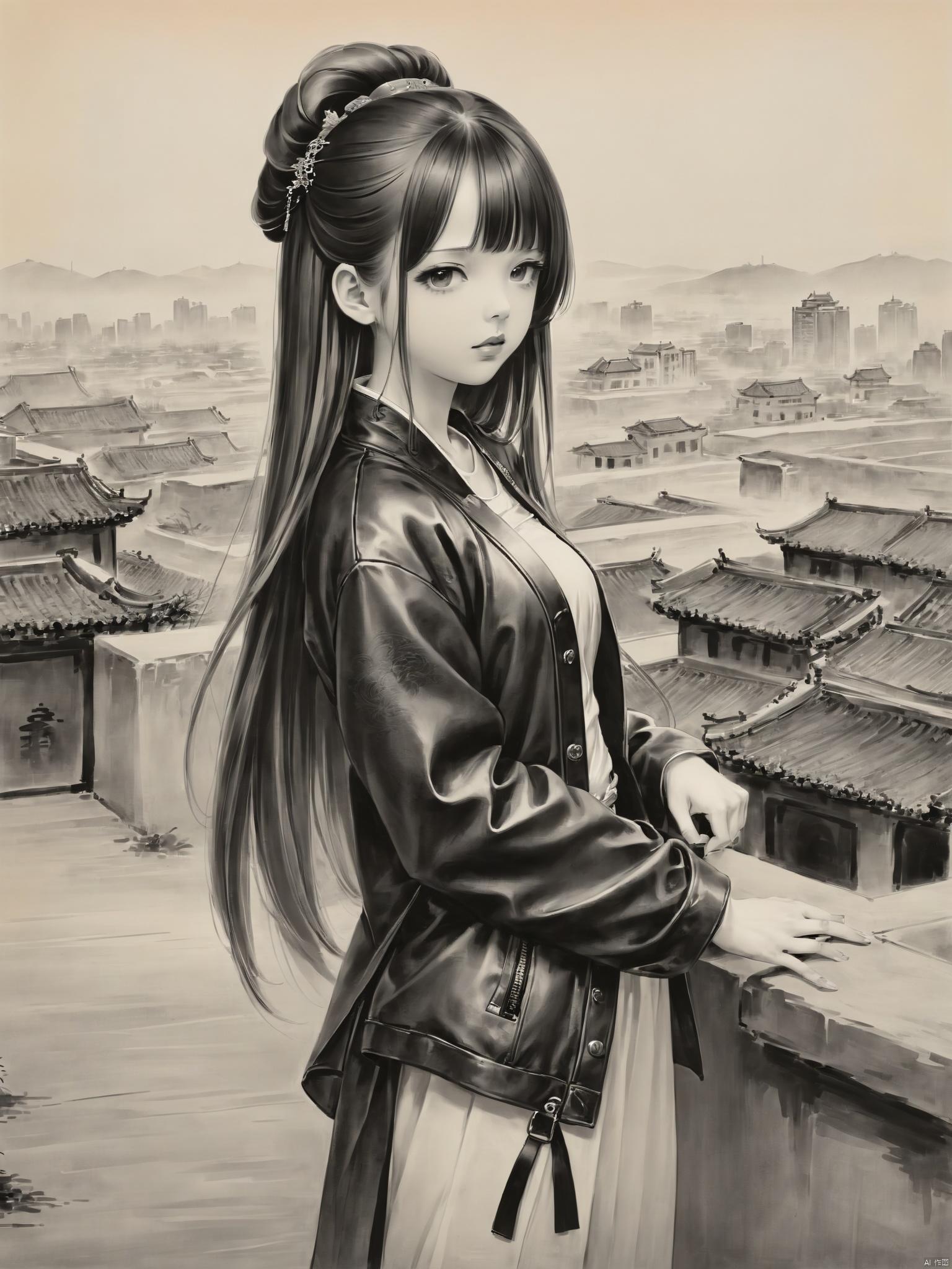  greyscale, chinese,1girl, solo, long_hair, looking_at_viewer, jacket, monochrome, greyscale, lips, hair_over_shoulder, realistic, leather, leather_jacket, full body, city background, 1girl, traditional chinese ink painting