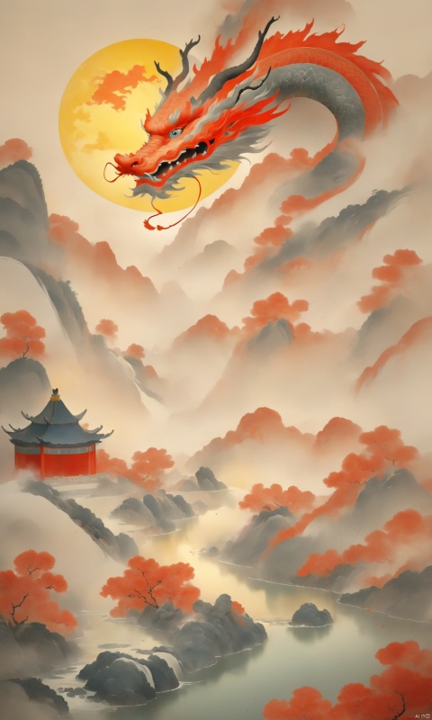 loong, open mouth, sky, cloud, fire, dragon, no human, dragon,chinese temple, mountain, guohua