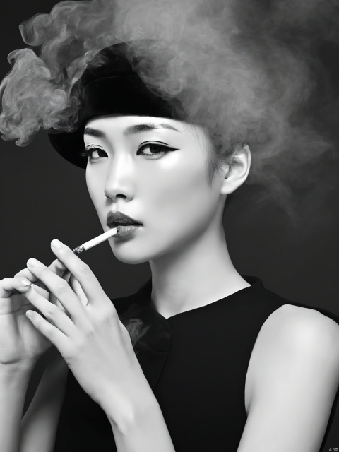  greyscale, chinese,1girl, solo, looking_at_viewer, short_hair, hat, dress, holding, monochrome, upper_body, greyscale, lips, smoke, cigarette, realistic, nose, smoking, holding_cigarette