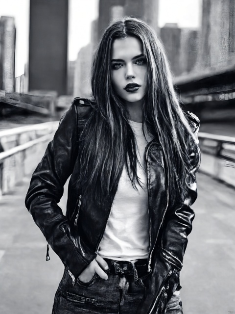  greyscale, 1girl, solo, long_hair, looking_at_viewer, jacket, monochrome, greyscale, lips, hair_over_shoulder, realistic, leather, leather_jacket, full body, city background