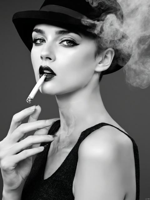  greyscale, 1girl, solo, looking_at_viewer, short_hair, hat, dress, holding, monochrome, upper_body, greyscale, lips, smoke, cigarette, realistic, nose, smoking, holding_cigarette