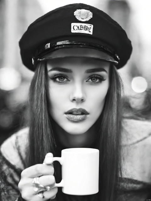 greyscale, 1girl, solo, looking_at_viewer, long_sleeves, hat, holding, jewelry, monochrome, upper_body, greyscale, blurry, cup, lips, blurry_background, cigarette, mug, realistic, cabbie_hat, coffee_mug
