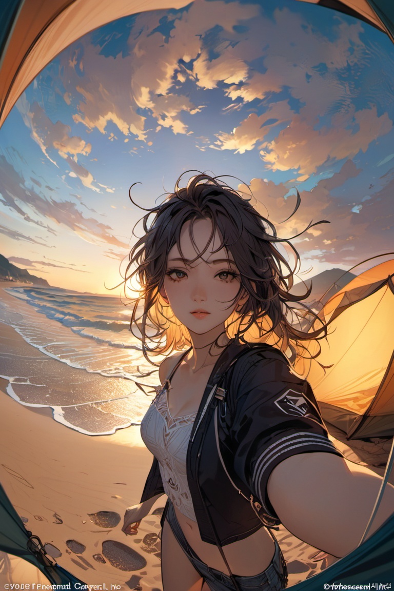  a woman takes a fisheye selfie on a beach at sunset, the wind blowing through her messy hair. The sea stretches out behind her, creating a stunning aesthetic and atmosphere, tents, camp, (masterpiece, best quality, perfect composition, very aesthetic, absurdres, ultra-detailed, intricate details, Professional, official art, Representative work:1.3)