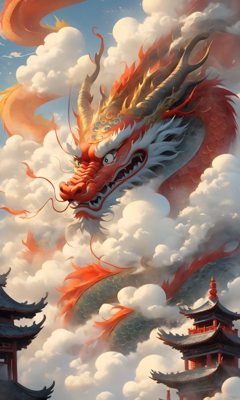 loong, open mouth, sky, cloud, fire, dragon, no human, dragon,chinese temple, mountain