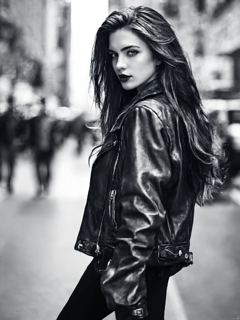 greyscale, 1girl, solo, long_hair, looking_at_viewer, jacket, monochrome, greyscale, lips, hair_over_shoulder, realistic, leather, leather_jacket, full body, city background