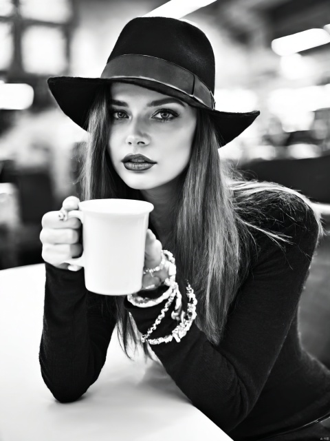 greyscale, 1girl, solo, looking_at_viewer, long_sleeves, hat, holding, jewelry, monochrome, upper_body, greyscale, blurry, cup, lips, blurry_background, cigarette, mug, realistic, cabbie_hat, coffee_mug