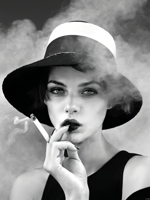 greyscale, 1girl, solo, looking_at_viewer, short_hair, hat, dress, holding, monochrome, upper_body, greyscale, lips, smoke, cigarette, realistic, nose, smoking, holding_cigarette