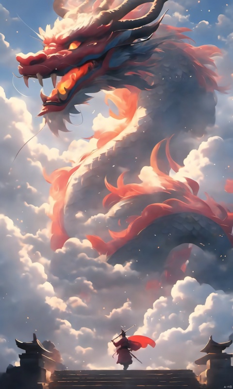 loong, open mouth, sky, cloud, fire