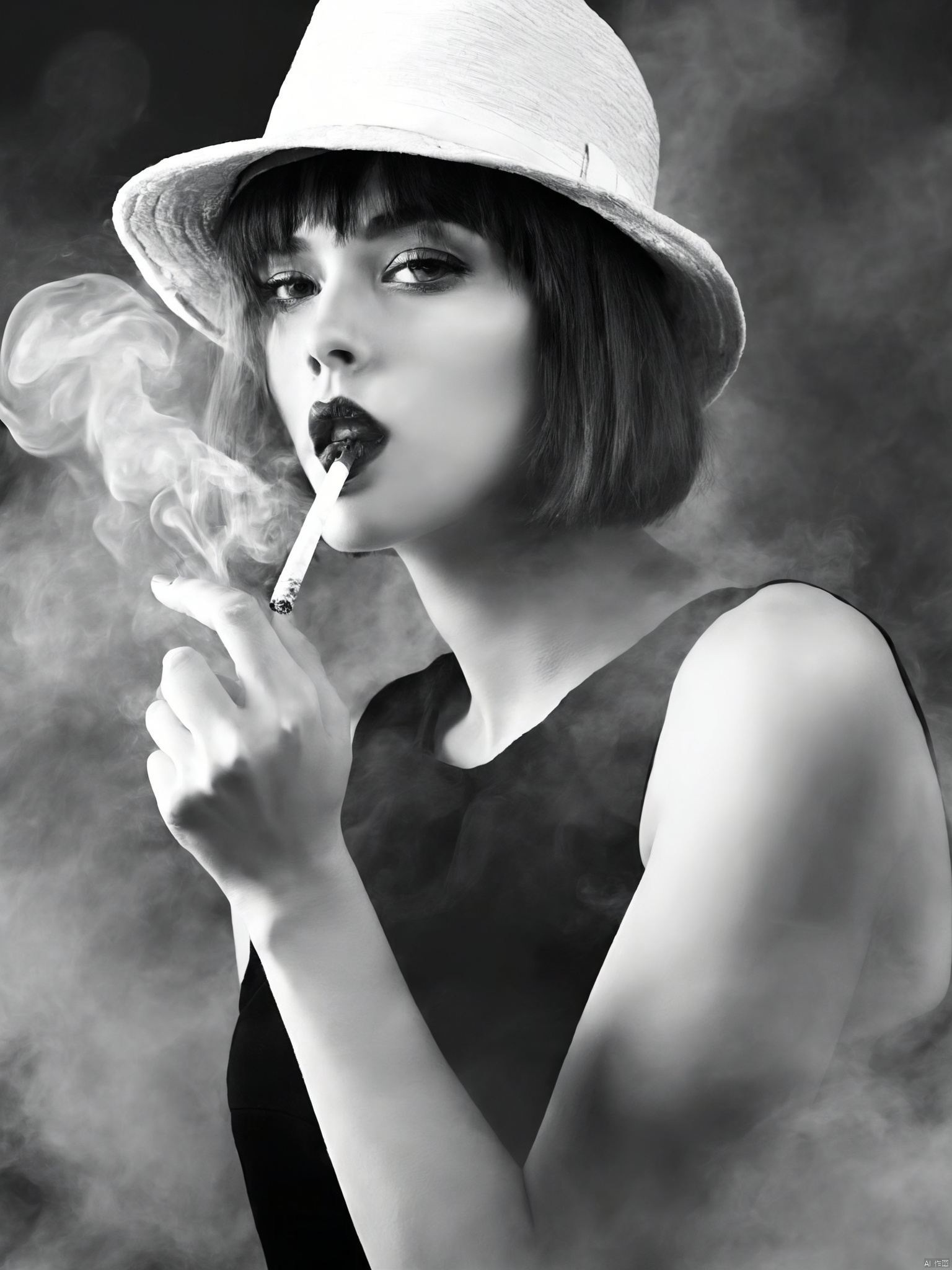 greyscale, 1girl, solo, looking_at_viewer, short_hair, hat, dress, holding, monochrome, upper_body, greyscale, lips, smoke, cigarette, realistic, nose, smoking, holding_cigarette