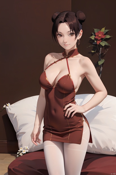 nai3, 1girl, cat, pantyhose, brown hair, jewelry, dress, hair bun, red dress, solo, smile, brown eyes, earrings, looking at viewer, no shoes, bangs, closed mouth, pillow, flower background,china dress, big breast, tenten\(shippuden\), standing