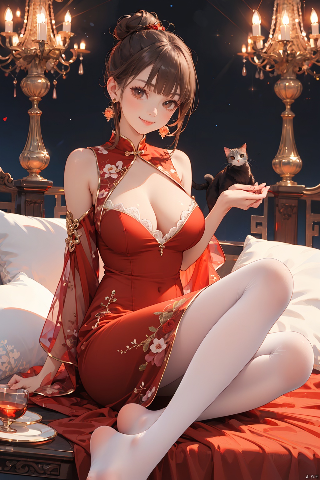  nai3, 1girl, cat, pantyhose, brown hair, jewelry, dress, hair bun, red dress, solo, smile, brown eyes, earrings, looking at viewer, no shoes, bangs, closed mouth, pillow, flower background,china dress, big breast