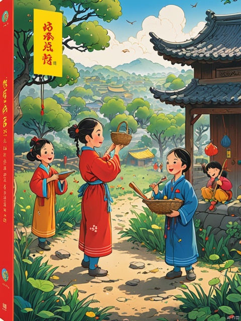  Thick coated Chinese cartoons, farmer paintings, new Gongbi, childhood memories, toys, children playing games, hutongs, high-definition picture quality, 32K, crayon and ink, children's fun picture books, Feng Zikai, guofeng