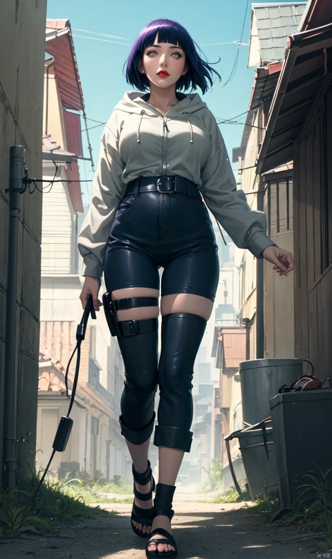  1girl,red lips, bobby socks, short hair, looking_at_viewer, big_breasts, holding whip, full_body, 111,masterpiece, absurdres, 1girl, hinata\(shippuden\), solo,hooded jacket, fishnets, headband around neck, looking at viewer, floating hair, wind, blue pants,