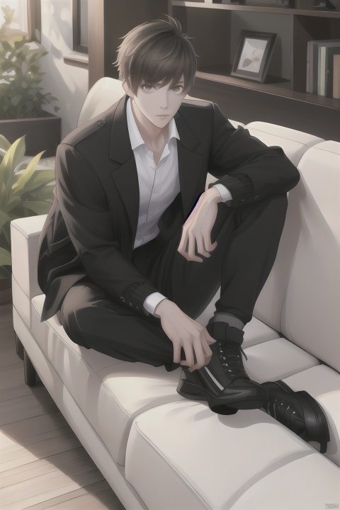 Gavin,,, masterpiece,best quality, 1boy,shirt,male focus,jacket,white shirt,solo,sitting,looking at viewer,pants,couch,black jacket,black footwear,open jacket,long sleeves,black pants,open clothes,formal,shoes,collared shirt,