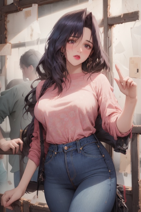  (best quality), ((masterpiece)), (highres), original, extremely detailed 8K wallpaper,
an extremely detailed and beautiful woman,skin_tight,CHICHIBUKURO,(against_surface,against_glass),press,petanko, jeans, full_body, tiny_breasts 