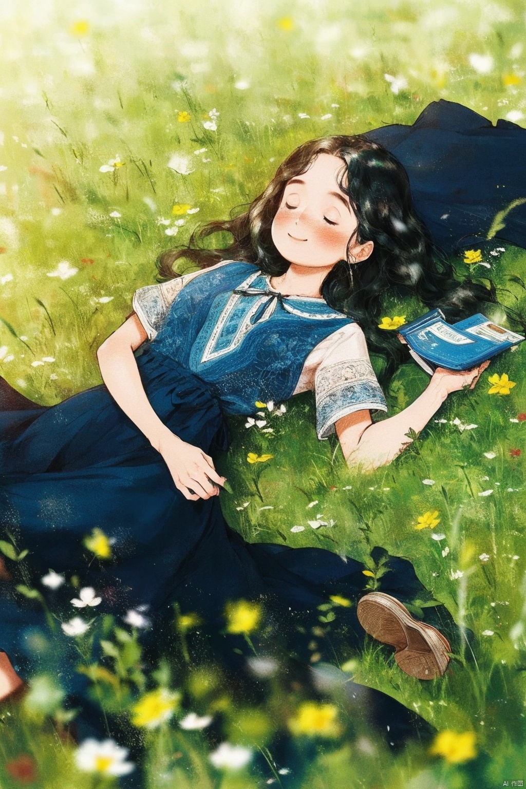  masterpiece,best quality,realistic,highres,Highly detailed,blurry background,,1girl,black hair,book,flower,closed eyes,solo,dress,lying,long hair,shoes,onback,blush,grass,smile,,