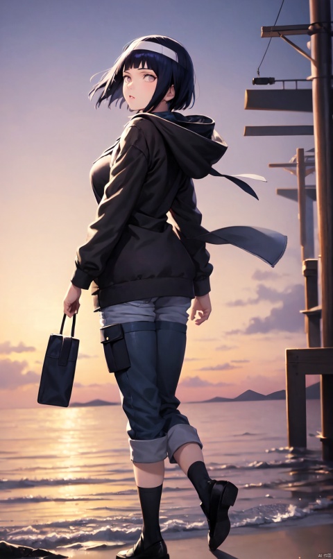  1girl, bobby socks, short hair, looking_at_viewer, big_breasts, full_body,masterpiece, absurdres, 1girl, hinata\(shippuden\), solo,hooded jacket, fishnets, headband around neck, looking at viewer, floating hair, wind, blue pants, shy, look back