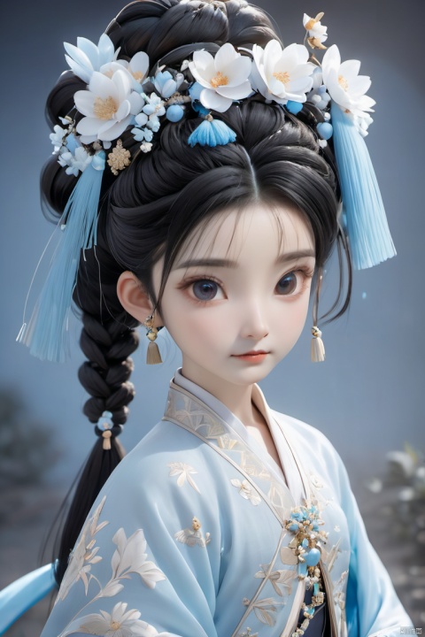 chibi,blind box,1girl,(hanfu),black hair,light blue long shan,single hair bun,necklaces,(hair details:1.1),face details,(full_shot:1.3),(looking_up),with white flowers in the background,high details,ultra realistic,32k,RAW photo,8k uhd,high quality,arms_at_sides,
