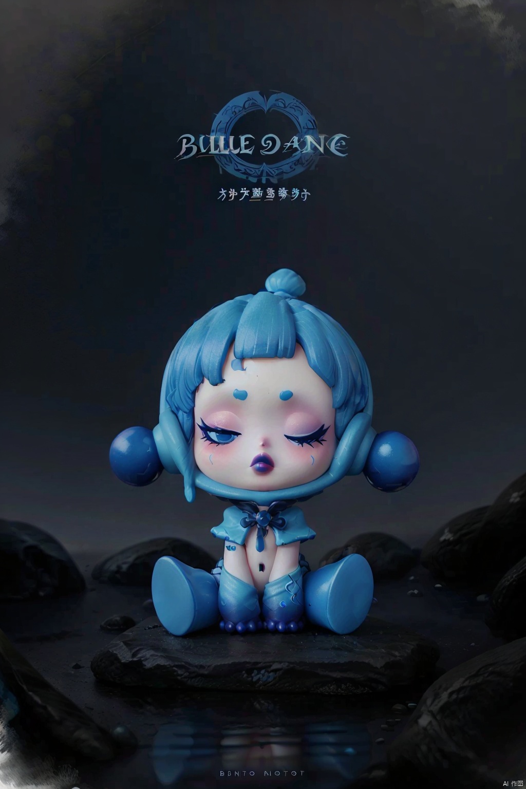  Blindbox, 1girl, one eye closed, blue theme, blue eyes, blue hair, sitting, heart, blue lips, eyelashes, lipstick, short hair,