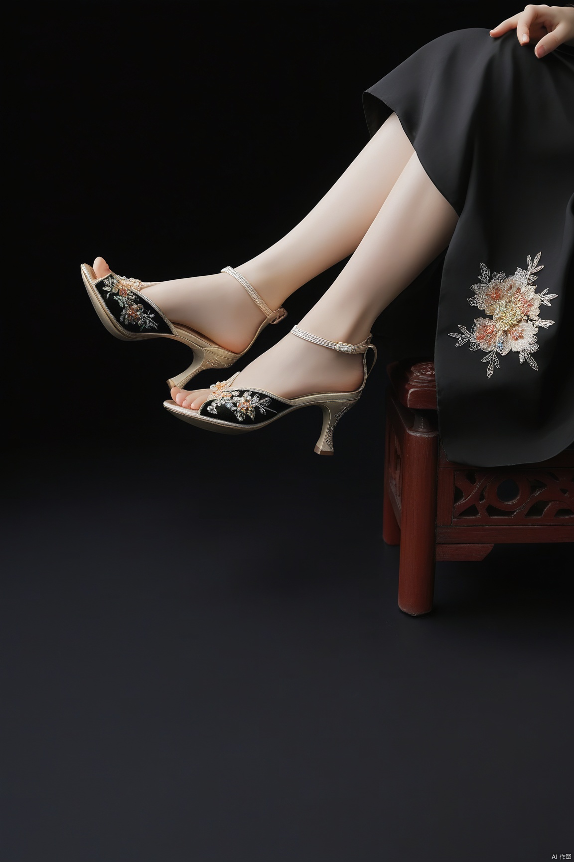  arien_hanfu, Close up view of woman`s foot while she put on her stock over dark background, high_heels
