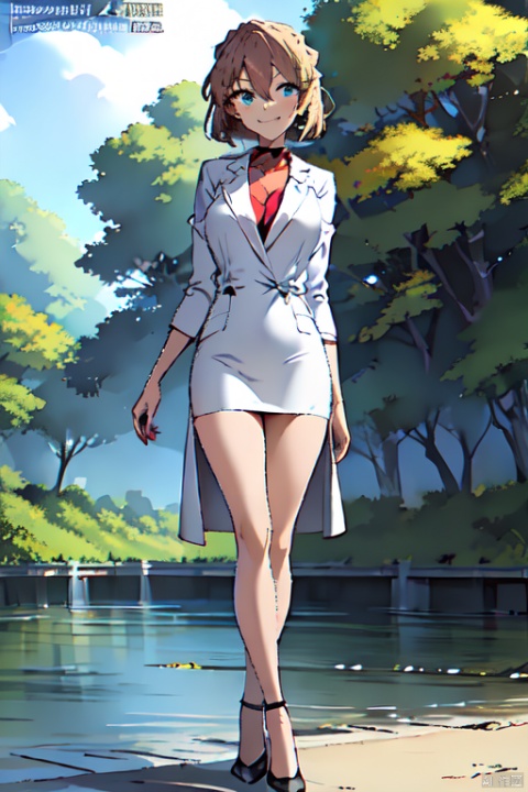  ((masterpiece)),((best quality)),ultra-detailed,illustratio,Beautiful body,Beautiful Nose,Beautiful character design,perfect eyes,perfect face,wallpaper,ultra highres,4K,photography,full body,(beautiful legs, perfect legs),shiny skin,anime screencap,Miyano Shiho,1girl, solo, red dress, labcoat, pantyhose, blonde hair, short hair, brown hair, dress, shaded face, smile, skirt, shadow, pencil skirt, dark, high heels, houtufeng, standing