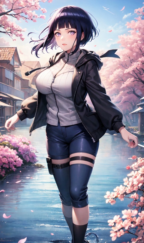 1girl, bobby socks, short hair, looking_at_viewer, big_breasts, full_body,masterpiece, absurdres, 1girl, hinata\(shippuden\), solo,hooded jacket, fishnets, headband around neck, looking at viewer, floating hair, wind, blue pants,